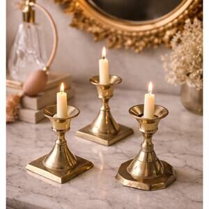 Vintage Mini Brass Candlestick Holders Set of 3, Hollywood Regency Decor
